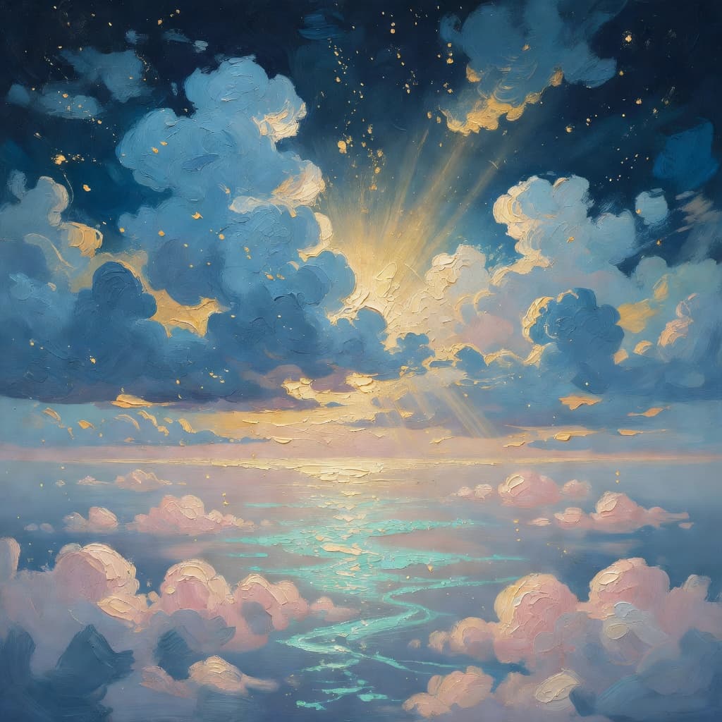 Impressionist oil painting of creation light emerging over ancient waters and sacred clouds