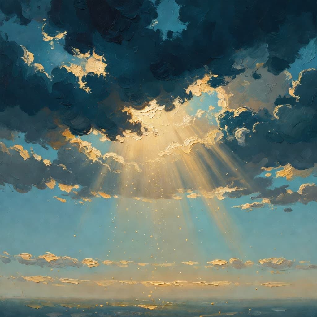 Impressionist oil painting of an open Bible with golden light rising from its pages