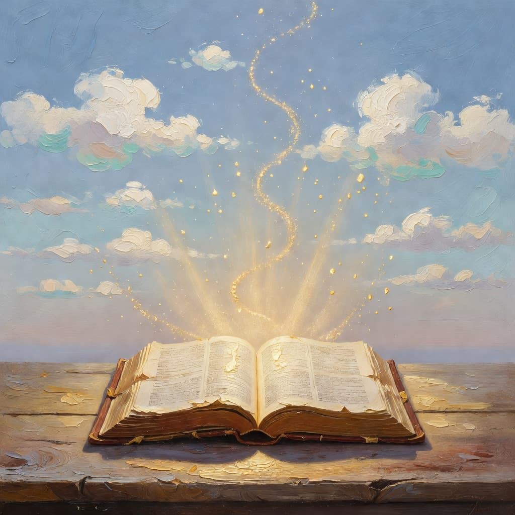 An open Bible illuminated by golden light with celestial sky, impressionist oil painting style