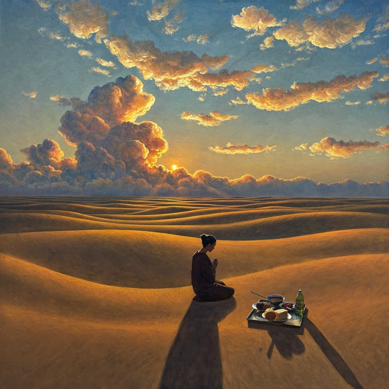 Impressionist oil painting of golden light illuminating an open Bible, representing biblical fasting