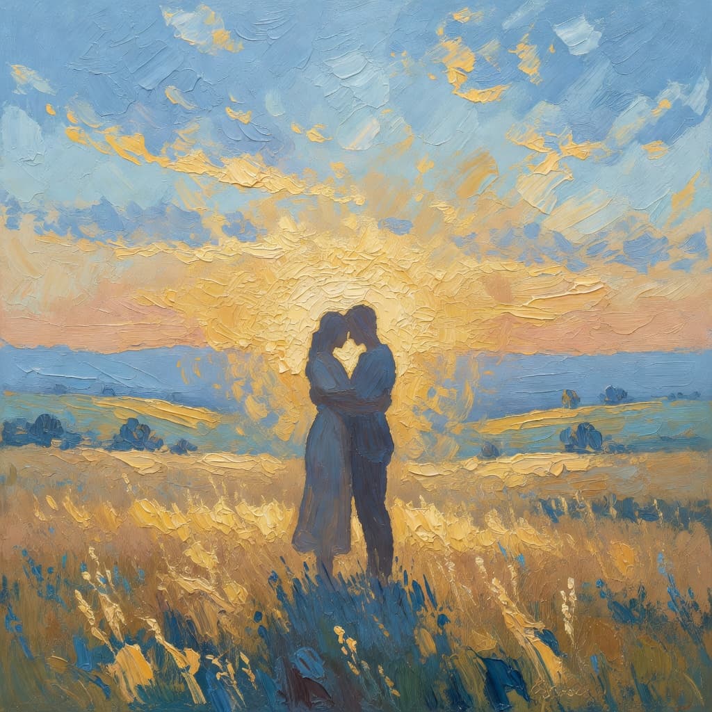 Impressionist oil painting of two people embracing in forgiveness with warm golden light