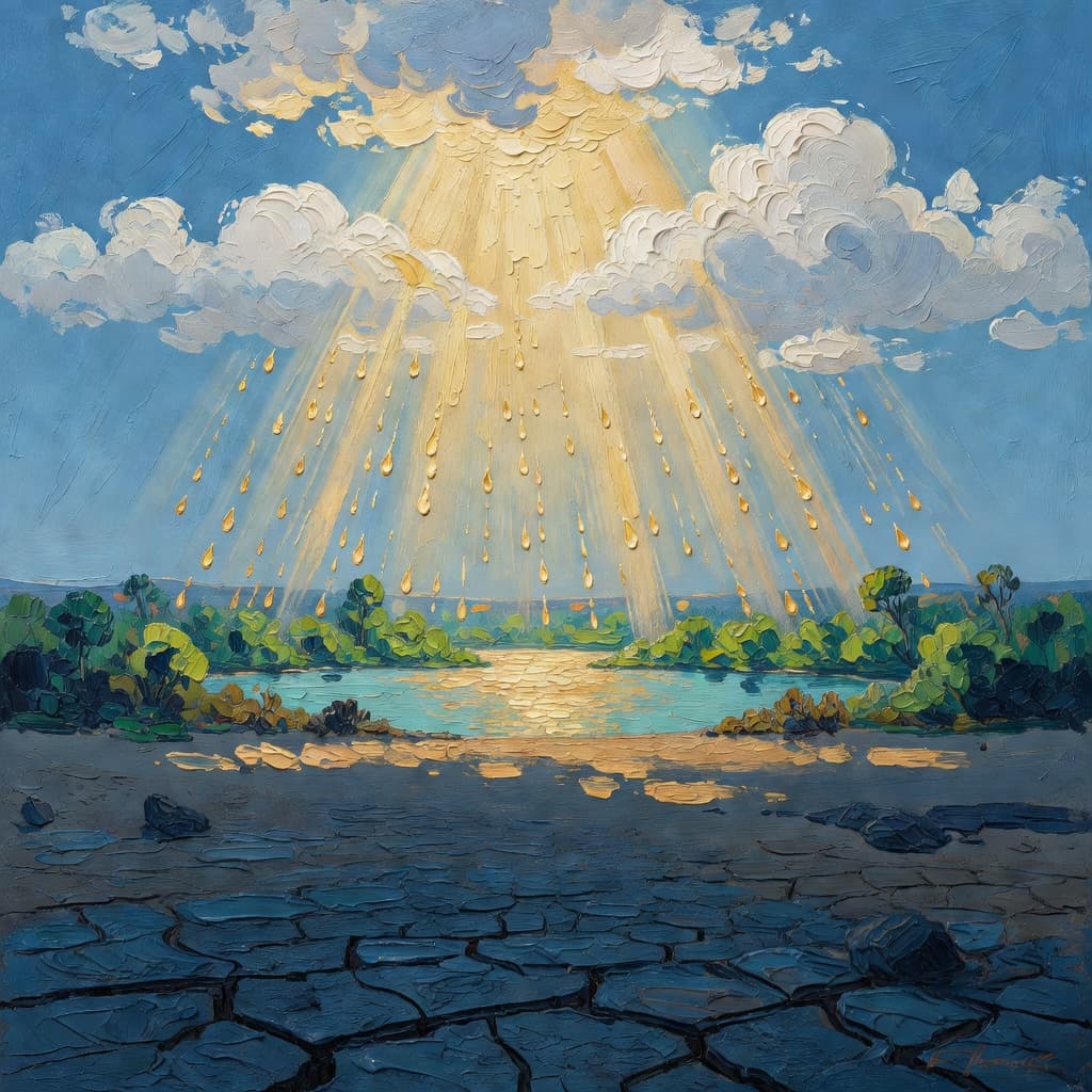Impressionist oil painting of light breaking through dark clouds, symbolizing spiritual renewal