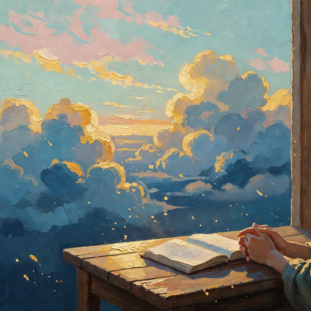 Impressionist oil painting of biblical gratitude with golden light and sacred clouds