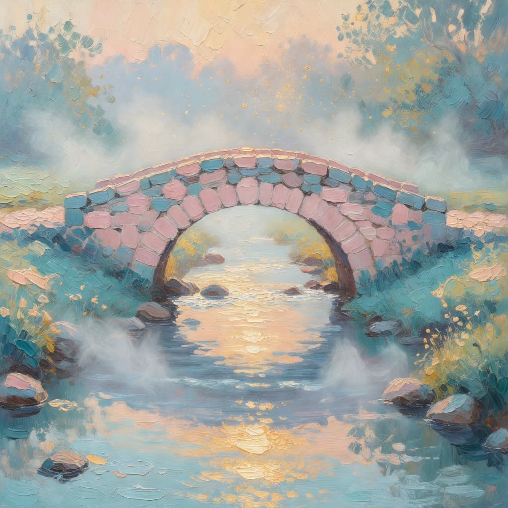 Impressionist oil painting of two figures in warm golden light with hands joined in prayer under a luminous sky