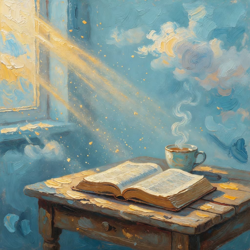 Impressionist oil painting of an open Bible with golden morning light streaming through a window, Sacred palette