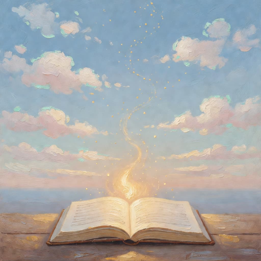 Impressionist oil painting of an open journal with golden light rising from its pages against a celestial blue sky