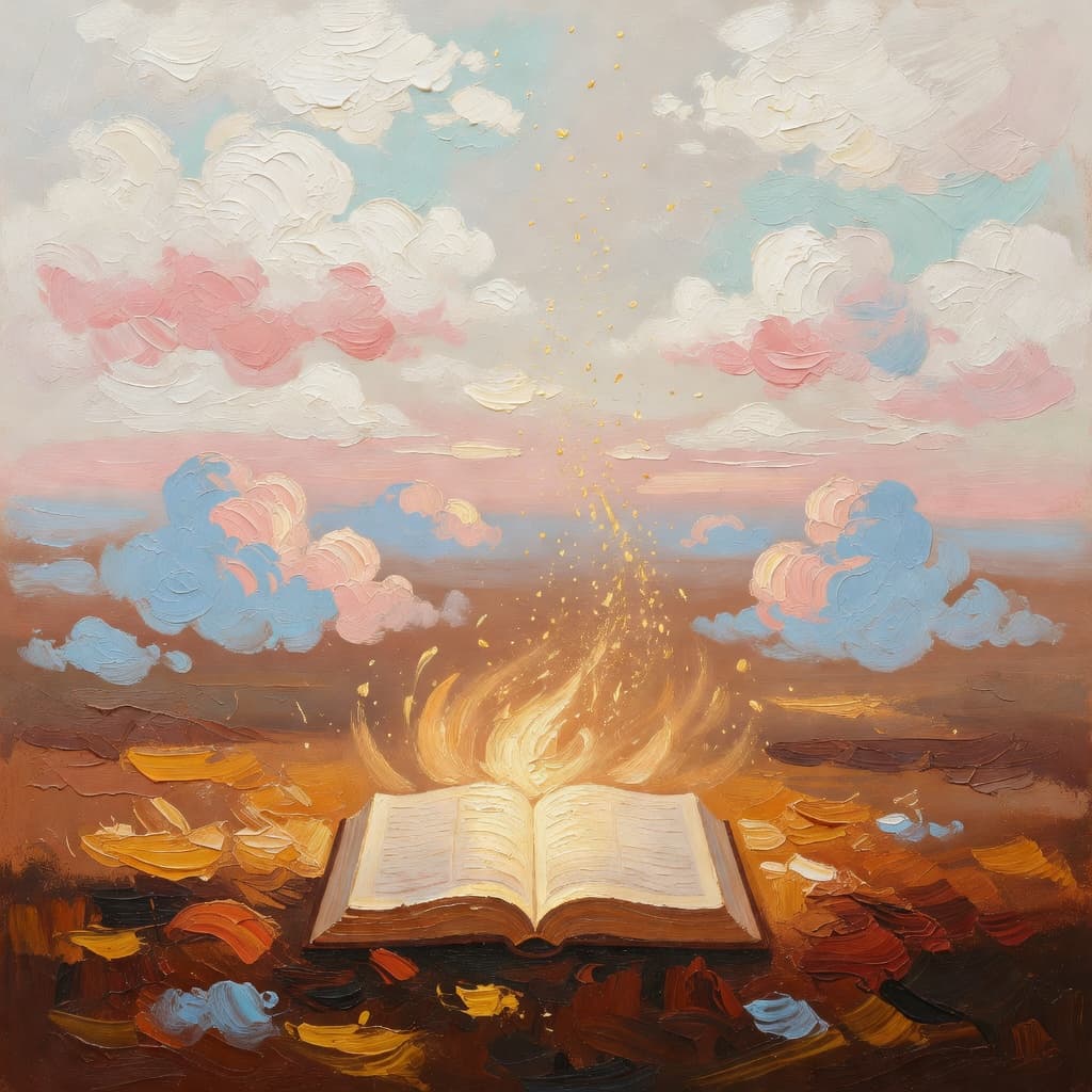 Pintura impresionista al óleo de un libro abierto con luz dorada elevándose desde sus páginas hacia un cielo luminoso