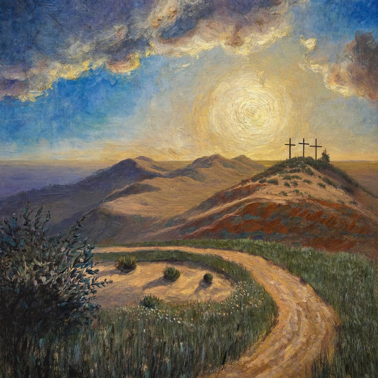 Impressionist oil painting about watching the Bible's story unfold in order with golden light and sacred clouds