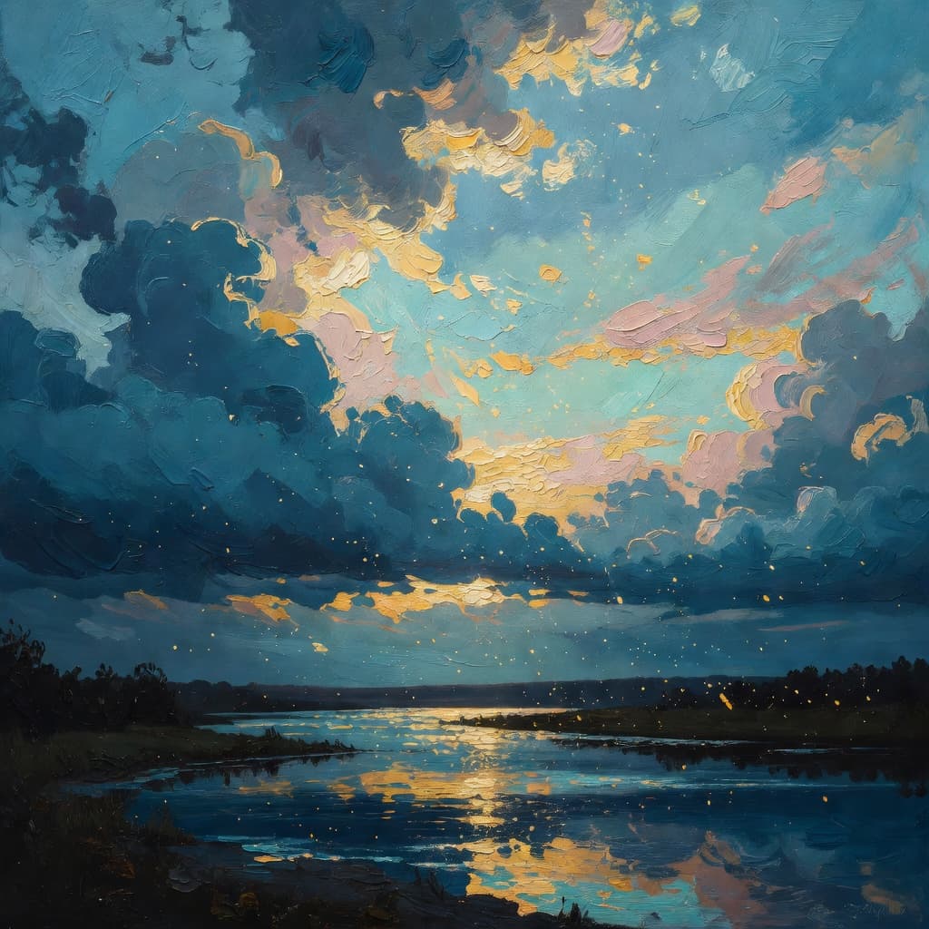 Impressionist oil painting about Jacob Wrestling with God with golden light and sacred clouds