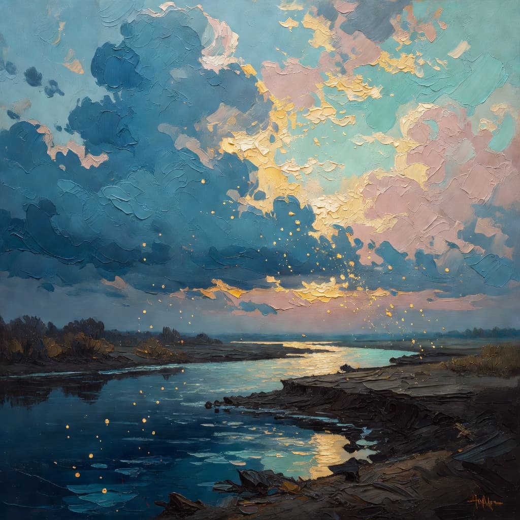 Impressionist oil painting about Jacob Wrestling with God with golden light and sacred clouds