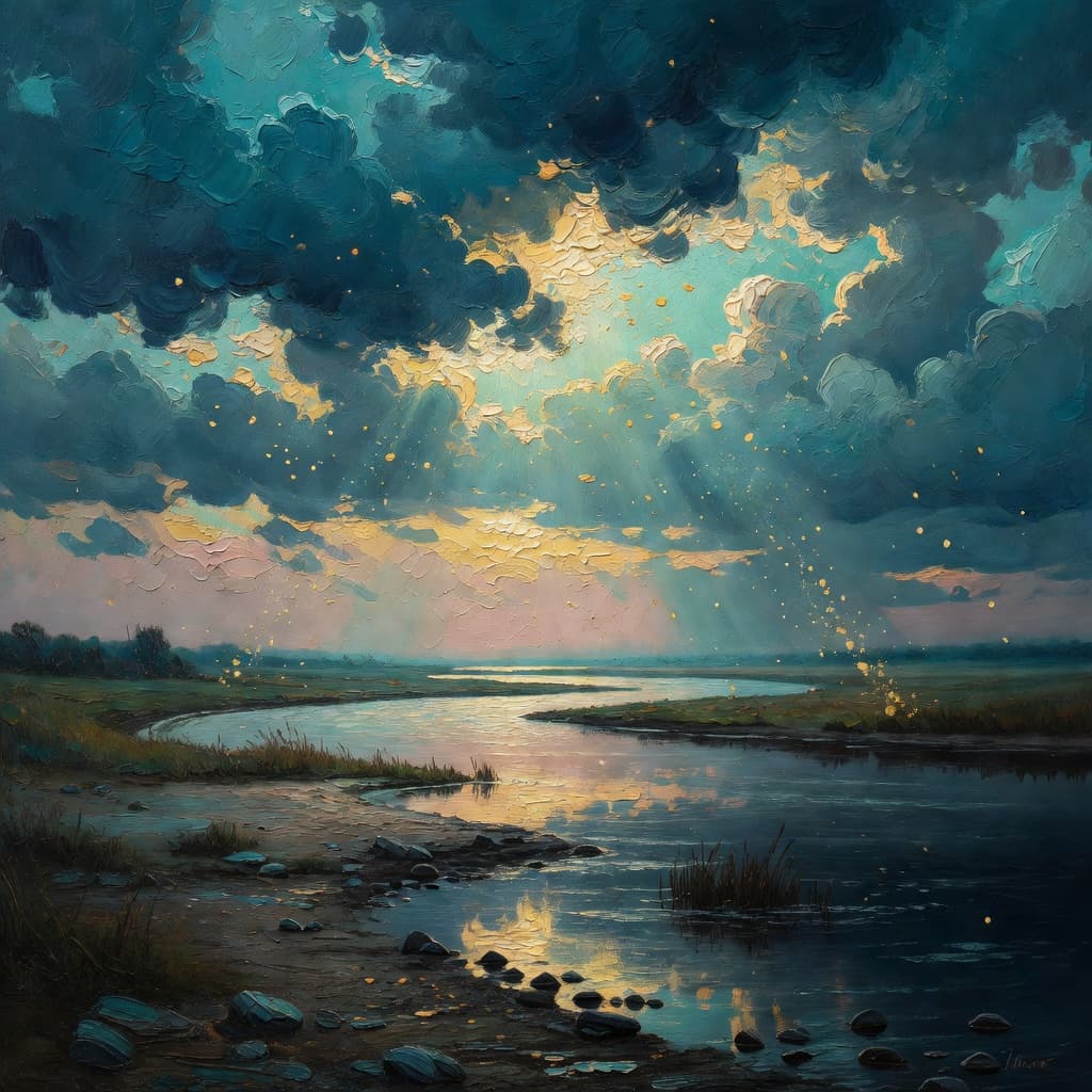 Impressionist oil painting about Jacob Wrestling with God with golden light and sacred clouds