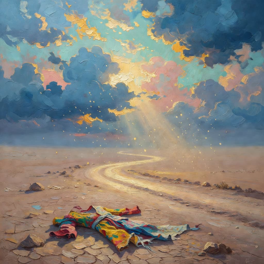 Impressionist oil painting about Joseph and the Coat of Many Colors with golden light and sacred clouds