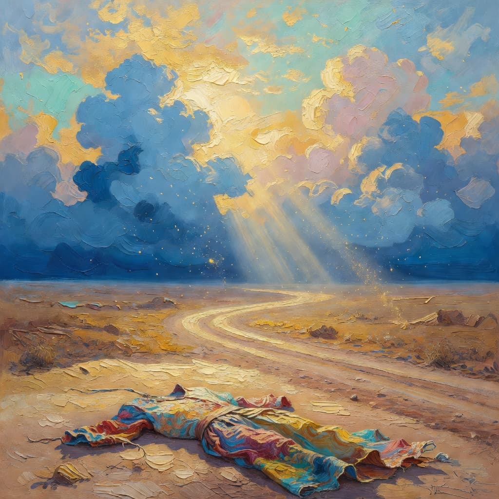 Impressionist oil painting about Joseph and the Coat of Many Colors with golden light and sacred clouds
