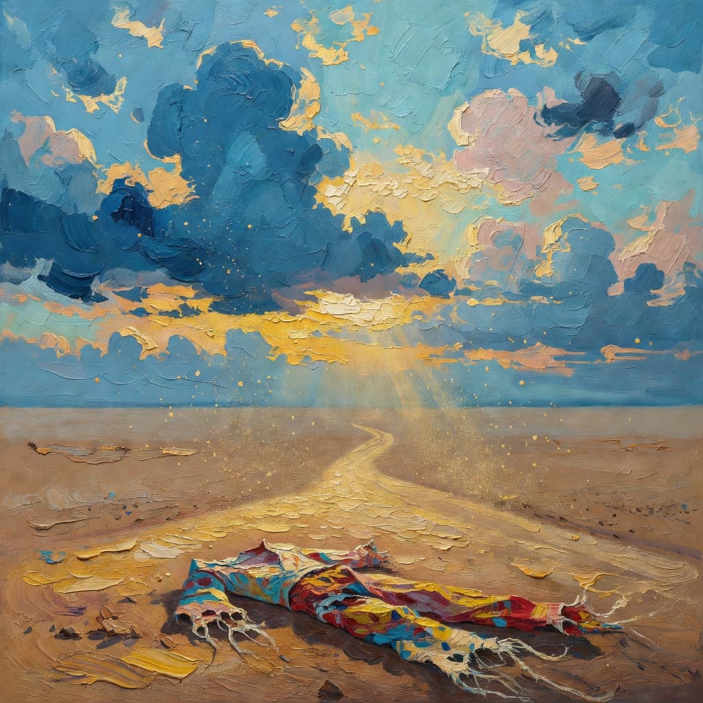 Impressionist oil painting about Joseph and the Coat of Many Colors with golden light and sacred clouds