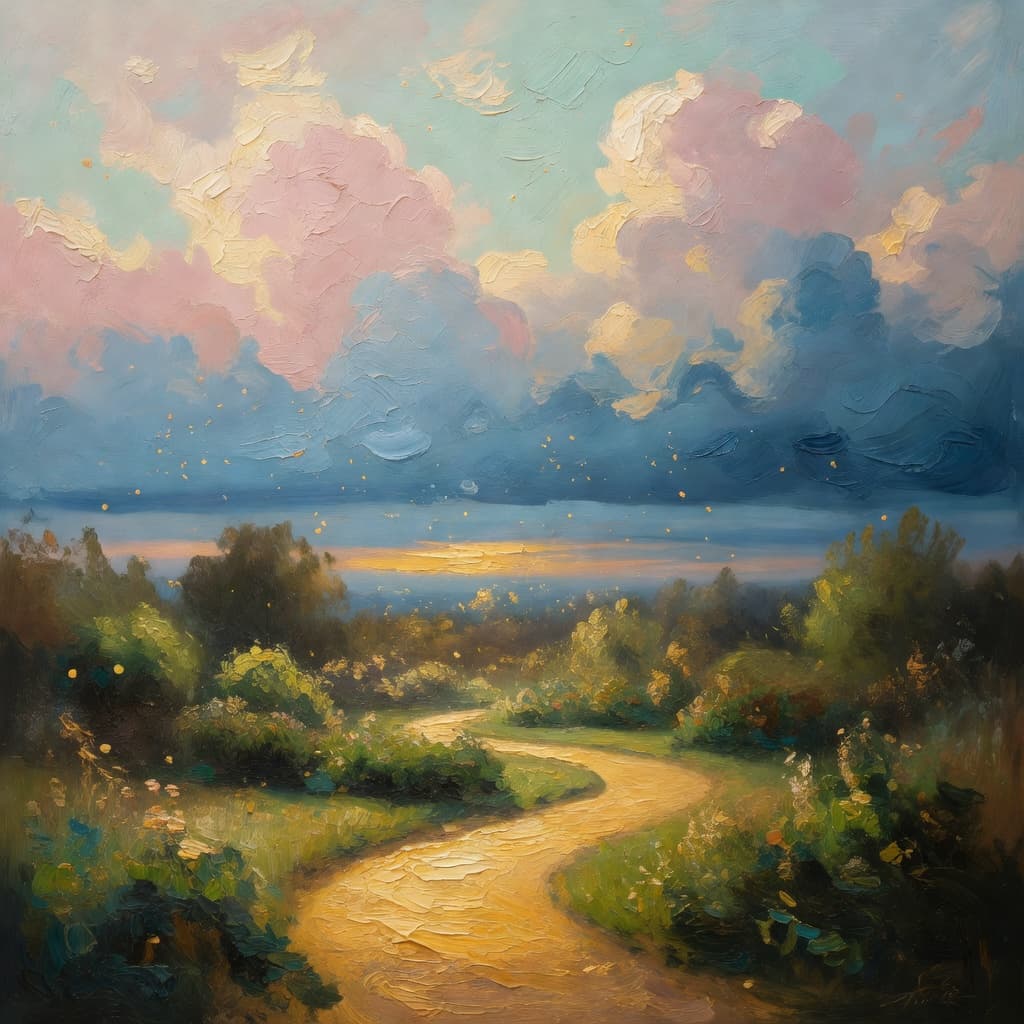Impressionist oil painting about The Fall of Adam and Eve with golden light and sacred clouds
