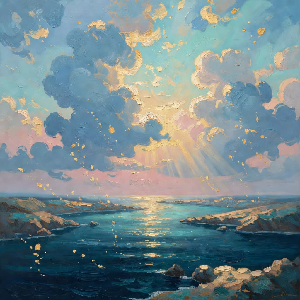 Impressionist oil painting about The Creation of the World with golden light and sacred clouds