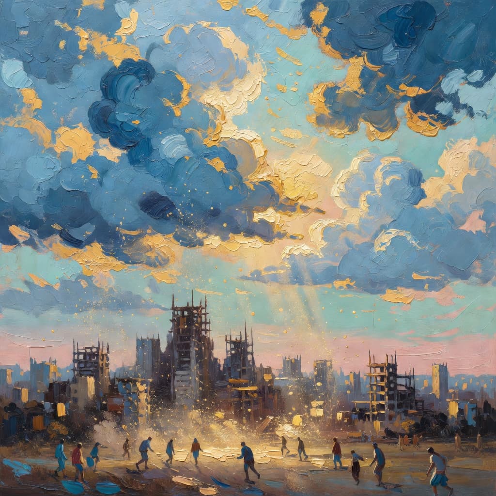 Impressionist oil painting about The Tower of Babel with golden light and sacred clouds