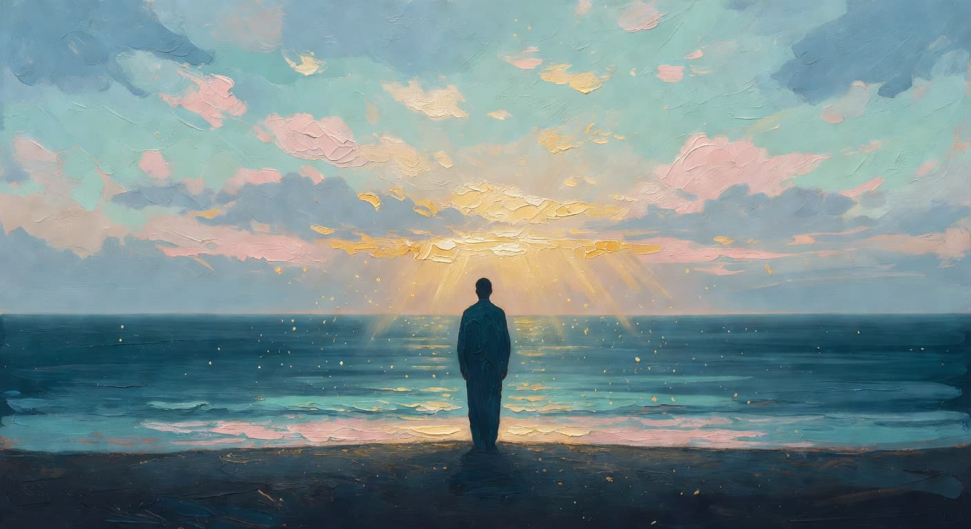 Impressionist oil painting of a peaceful dawn sky with golden light breaking through clouds over a calm horizon