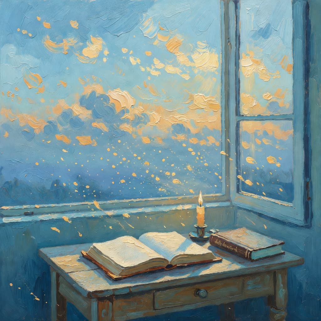 Pintura impresionista al óleo de una escena serena relacionada con devocional diario de cuaresma, paleta Sacred