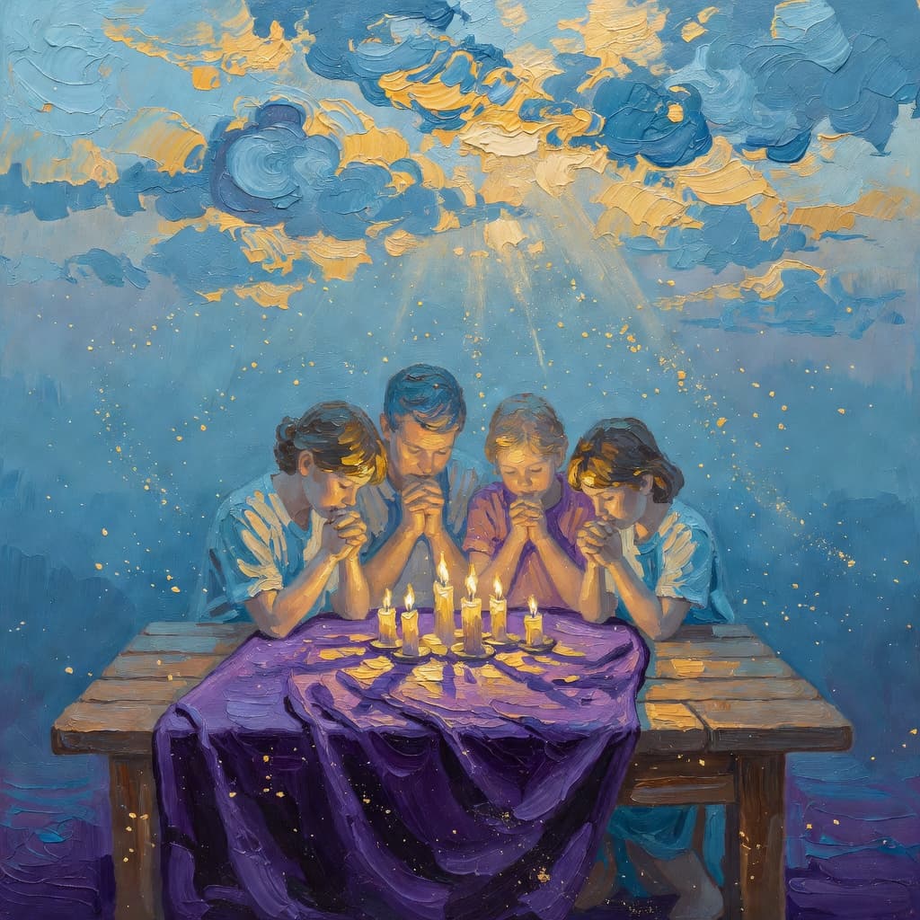 Pintura impresionista al óleo de una escena serena relacionada con oracion de cuaresma en familia, paleta Sacred