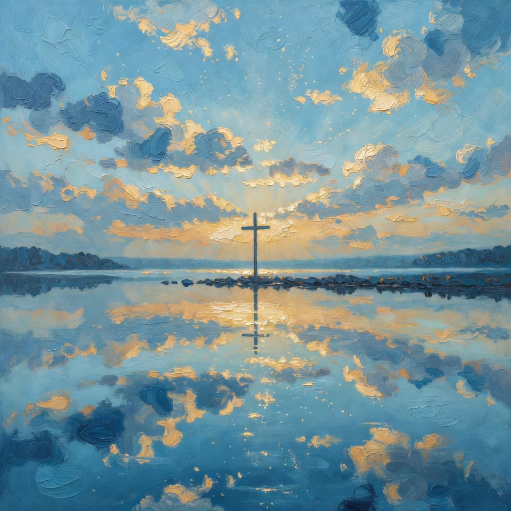 Pintura impressionista a óleo de uma cena serena relacionada com oracao de paz interior na quaresma, paleta Sacred