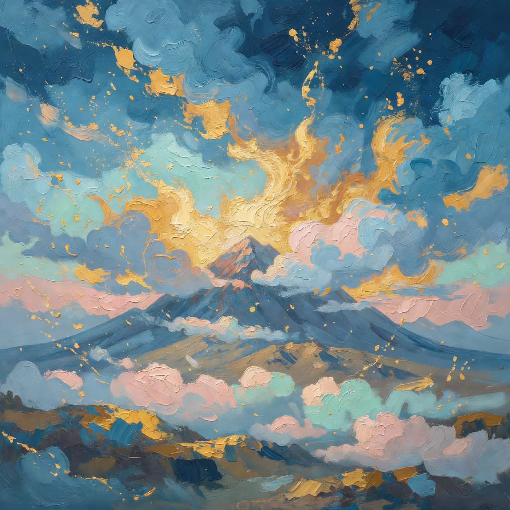 Impressionist oil painting about The Ten Commandments with golden light and sacred clouds