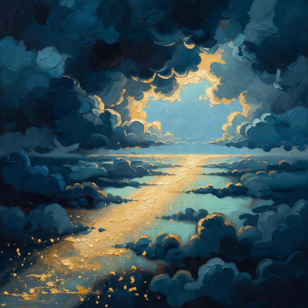 Pintura al óleo impresionista sobre ¿Qué Significa 1 Corintios 10 con luz dorada y nubes sagradas