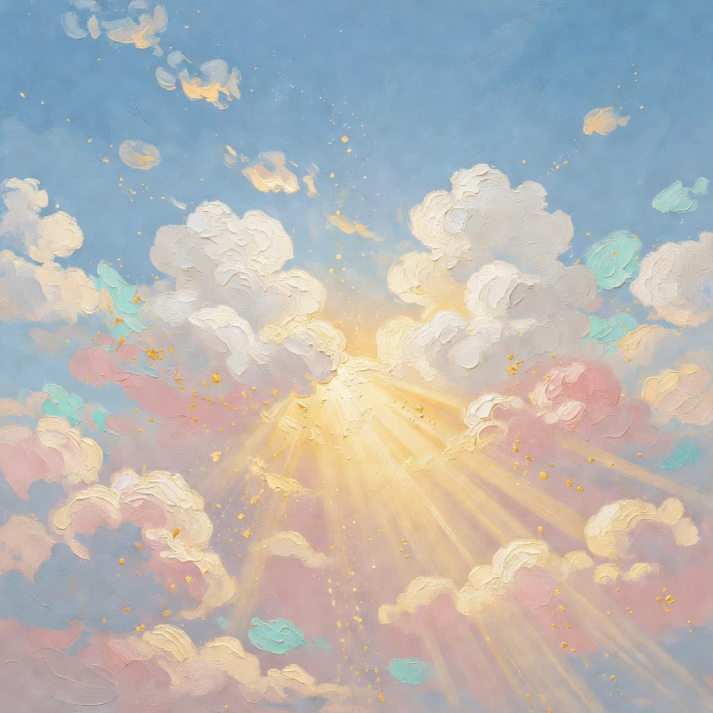 Impressionist oil painting of celestial sky with golden light and Sacred palette