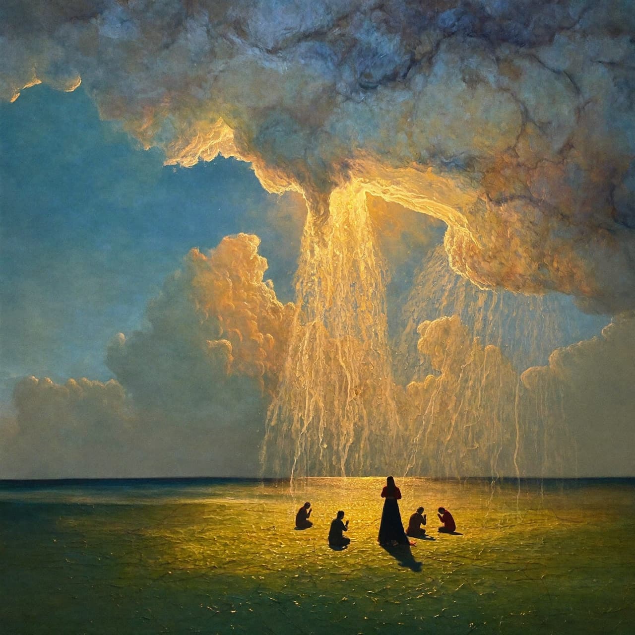 Pintura al óleo impresionista sobre 2 Crónicas 7:14 con luz dorada y nubes sagradas