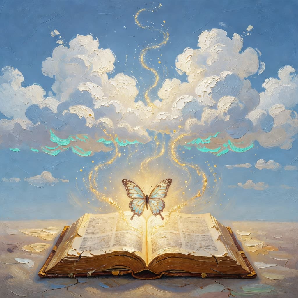 Impressionist oil painting of a serene celestial scene with open Bible and golden light, Sacred palette