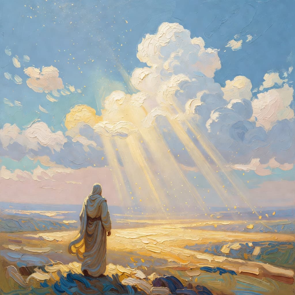 Pintura al óleo impresionista sobre ¿Qué Significa Deuteronomy 31 con luz dorada y nubes sagradas