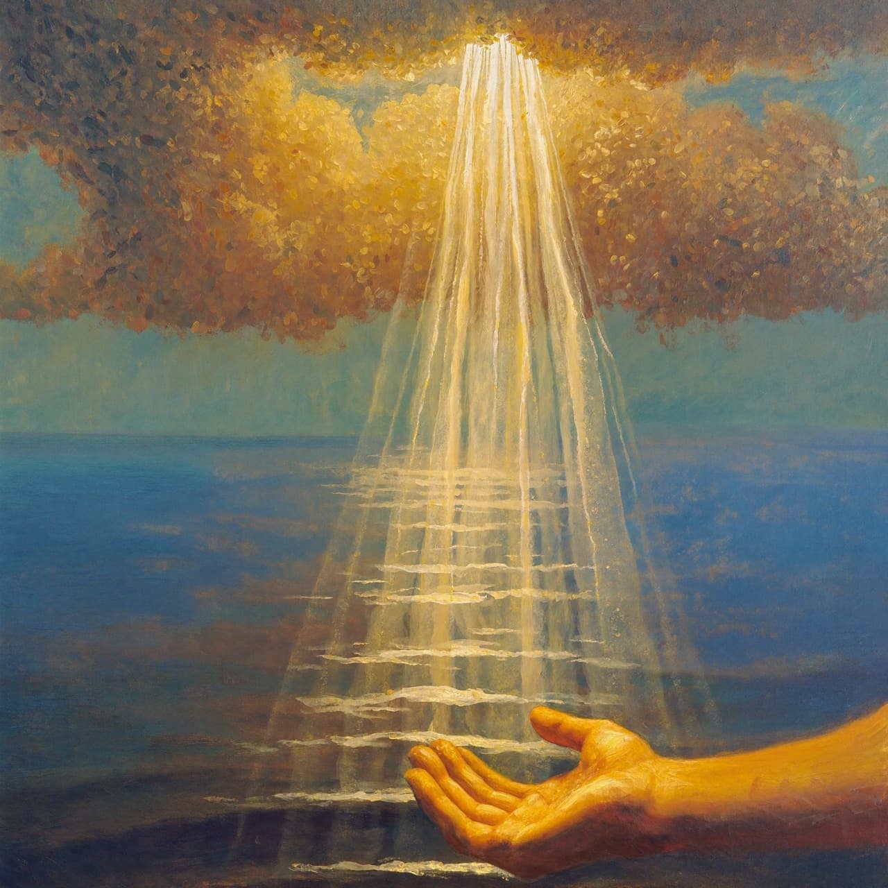 Impressionist oil painting about What Does Ephesians 2 with golden light and sacred clouds