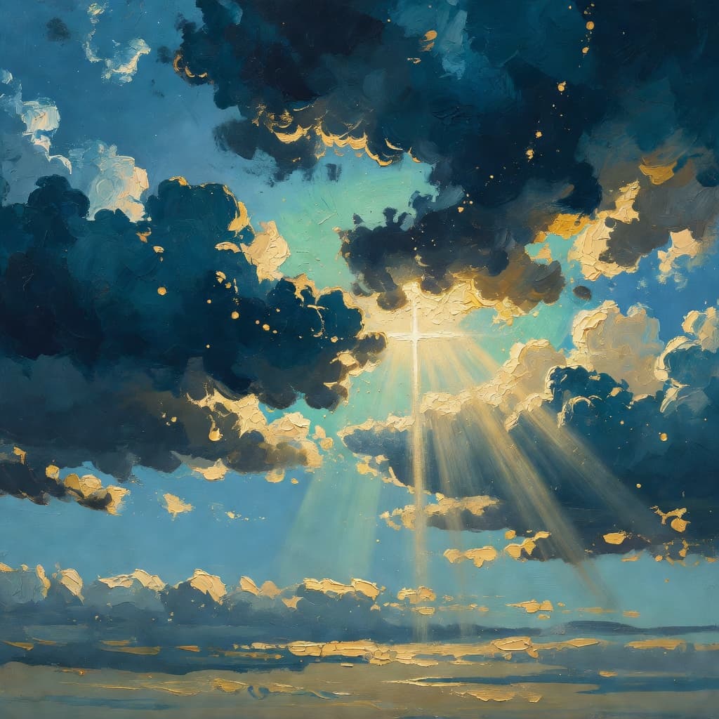 Impressionist oil painting of celestial sky with golden light and Sacred palette