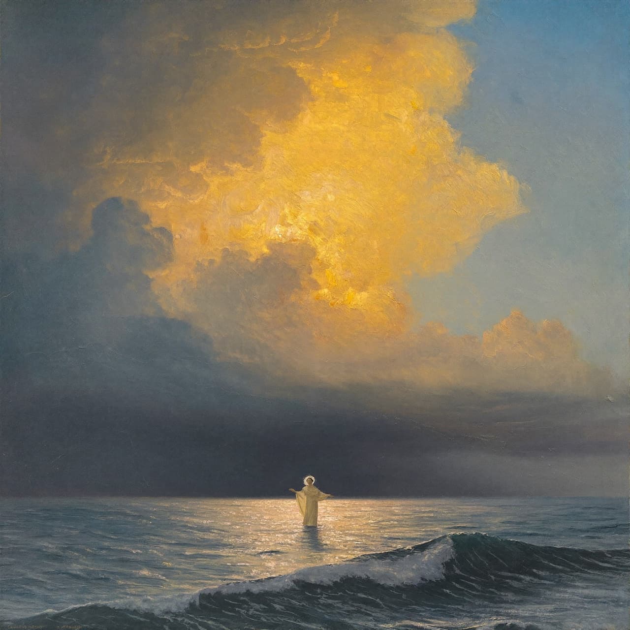 Pintura al óleo impresionista sobre Éxodo 14:14 con luz dorada y nubes sagradas