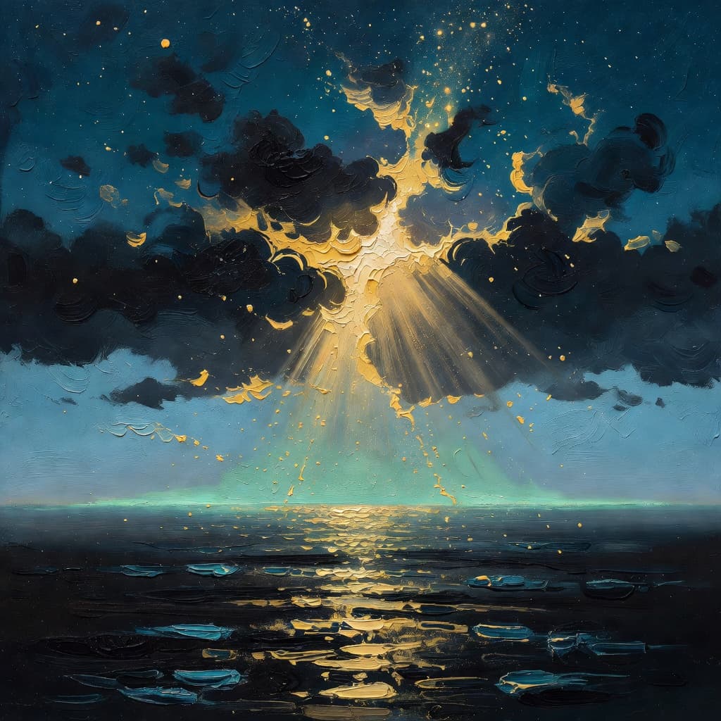 Pintura a óleo impressionista sobre O Que Significa Genesis 1 com luz dourada e nuvens sagradas