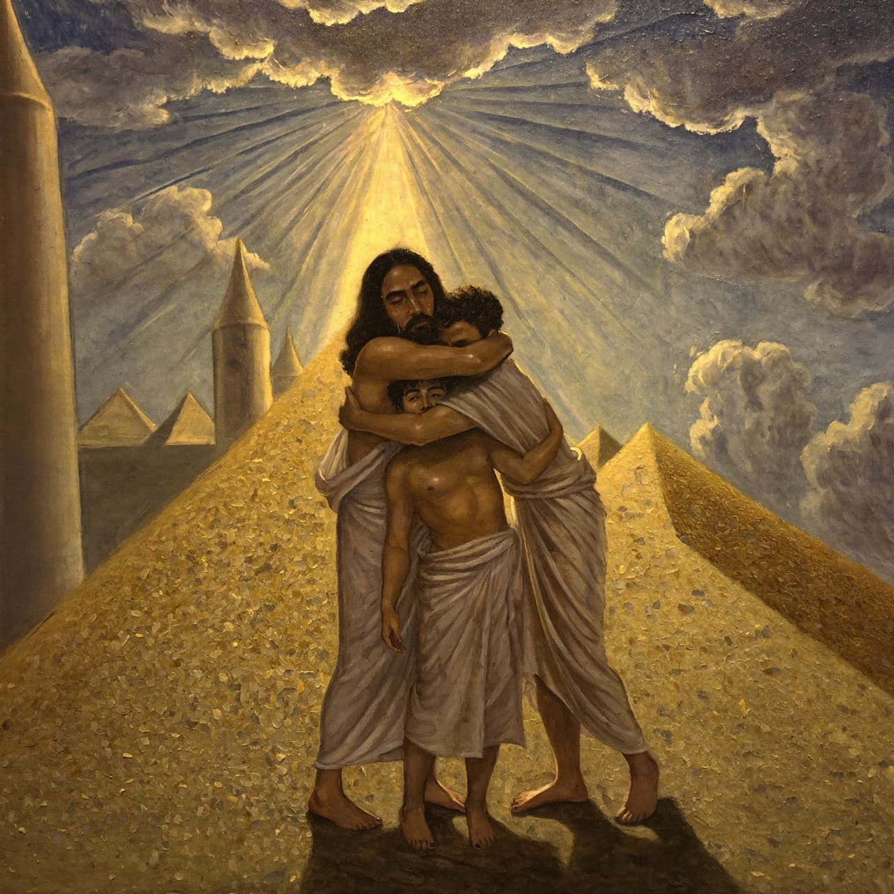 Impressionist oil painting about Genesis 50:20 with golden light and sacred clouds