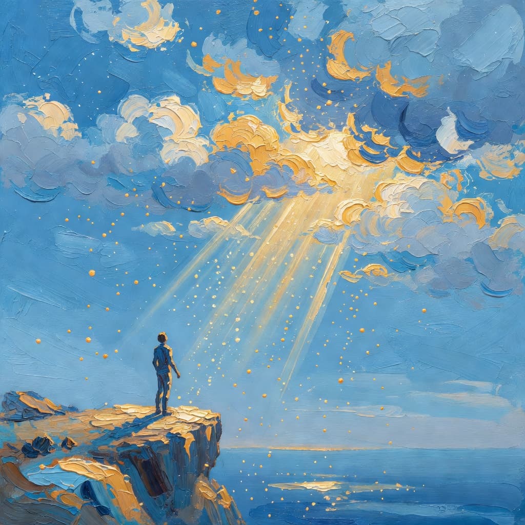 Impressionist oil painting of a serene celestial scene with open Bible and golden light, Sacred palette