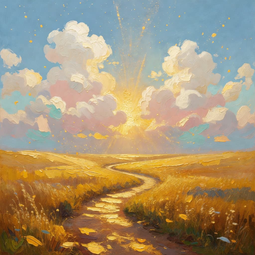 Impressionist oil painting of celestial sky with golden light and Sacred palette