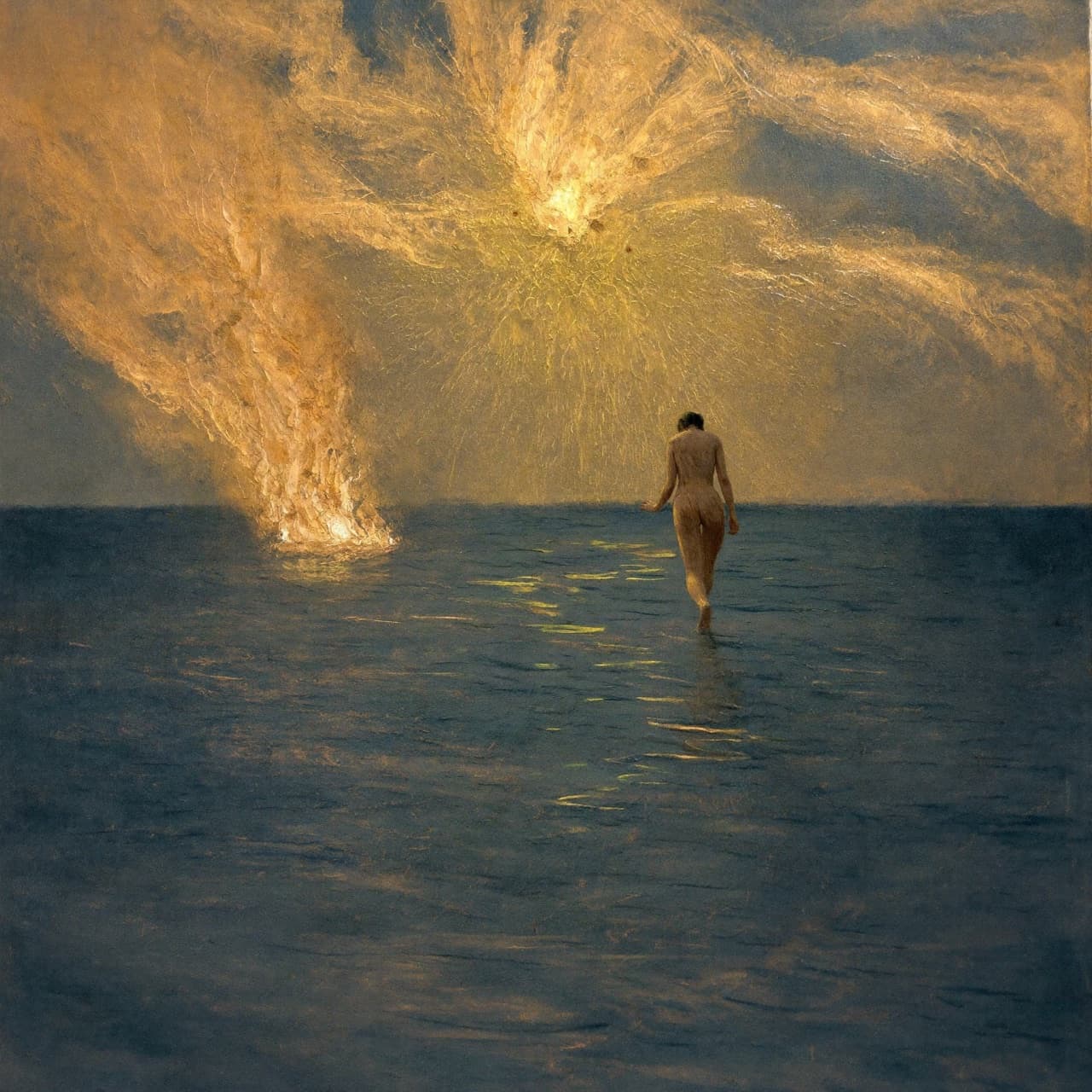 Impressionist oil painting about Isaiah 43:2 with golden light and sacred clouds