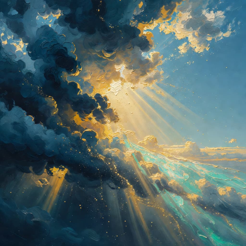 Pintura al óleo impresionista sobre ¿Qué Significa Santiago 4 con luz dorada y nubes sagradas