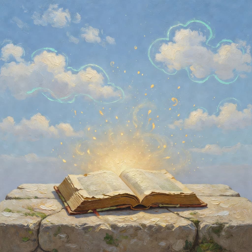 Impressionist oil painting of a serene celestial scene with open Bible and golden light, Sacred palette