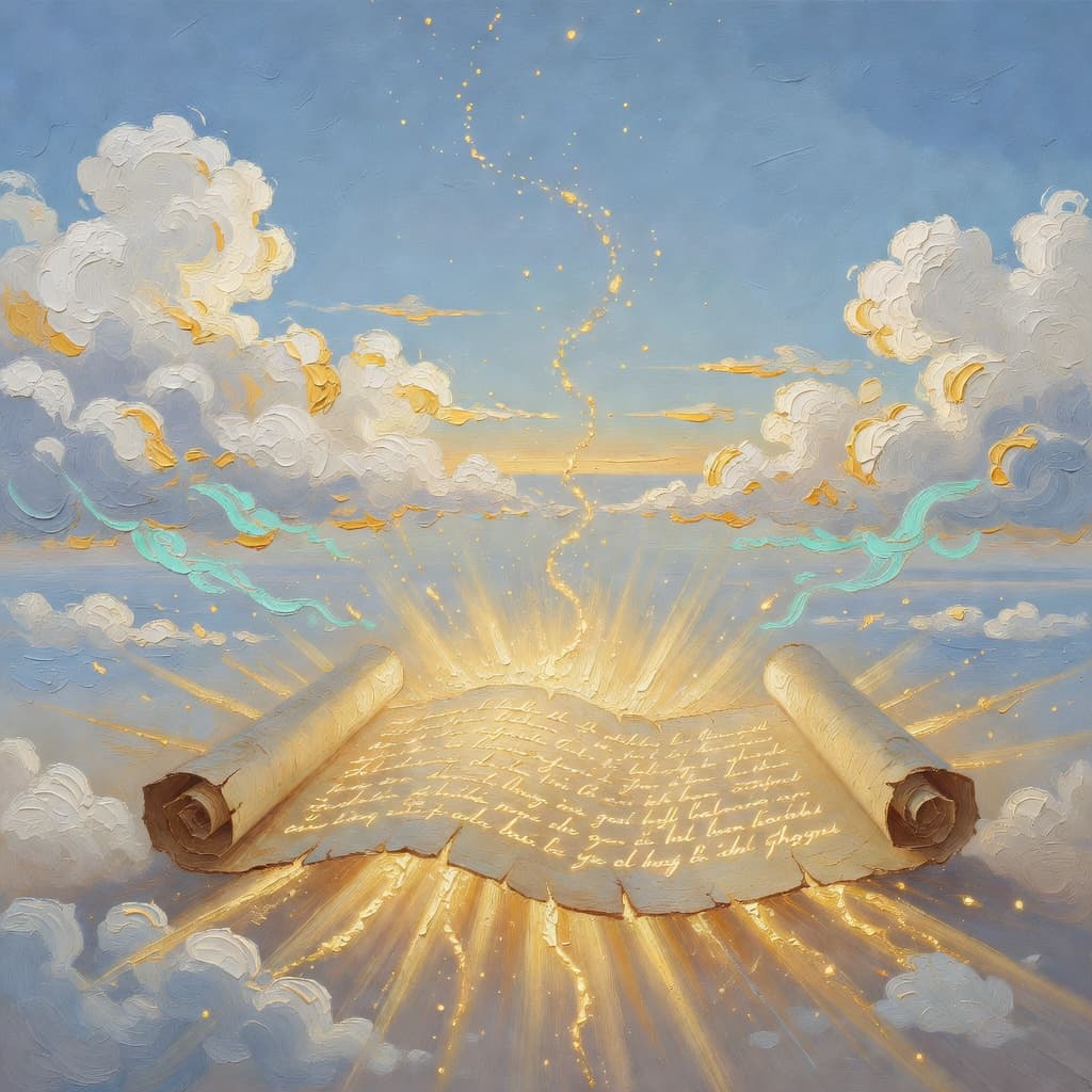Pintura a óleo impressionista sobre O Que Significa John 1 com luz dourada e nuvens sagradas