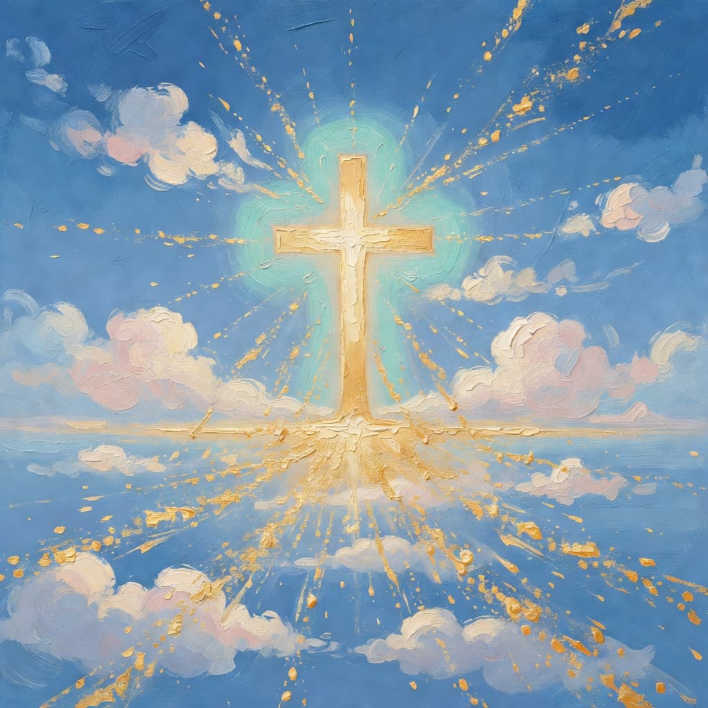 Pintura al óleo impresionista sobre ¿Qué Significa Juan 15 con luz dorada y nubes sagradas