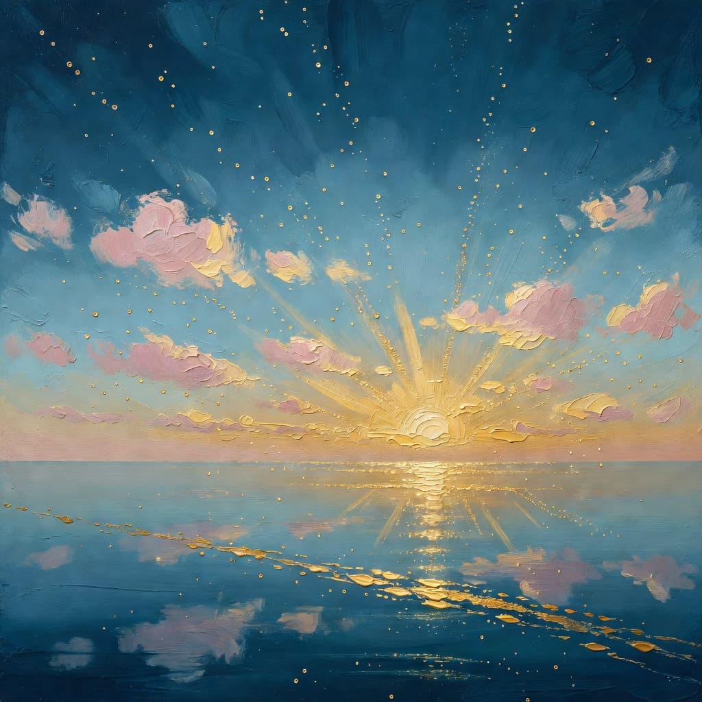 Impressionist oil painting of a serene celestial scene with open Bible and golden light, Sacred palette
