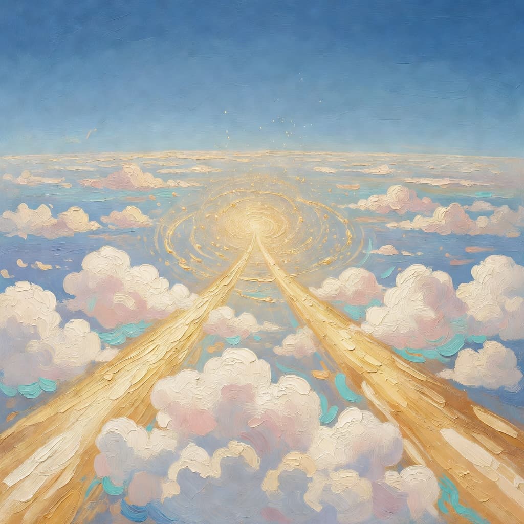 Pintura al óleo impresionista sobre ¿Qué Significa Mateo 22 con luz dorada y nubes sagradas