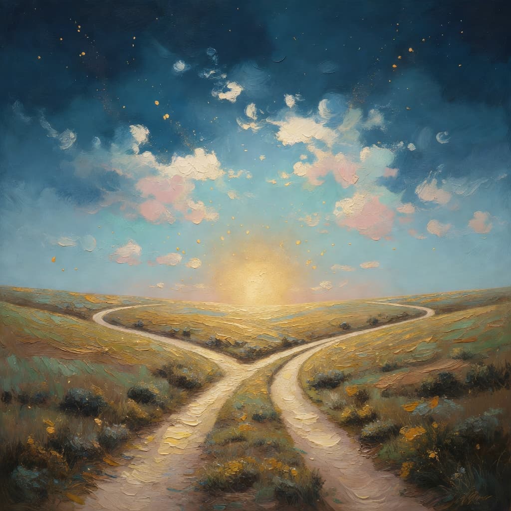 Impressionist oil painting of celestial sky with golden light and Sacred palette