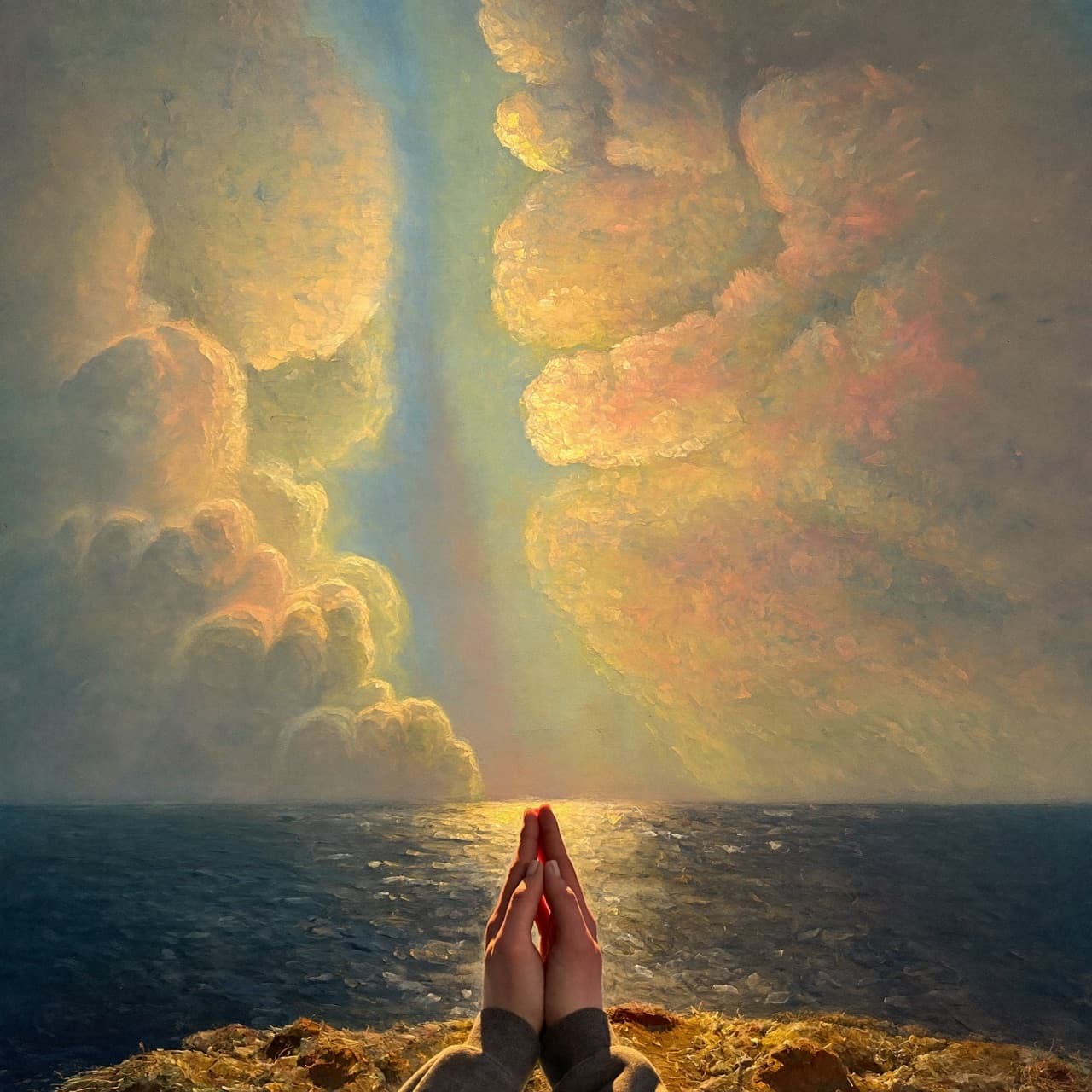Impressionist oil painting about Matthew 6:9-13 with golden light and sacred clouds