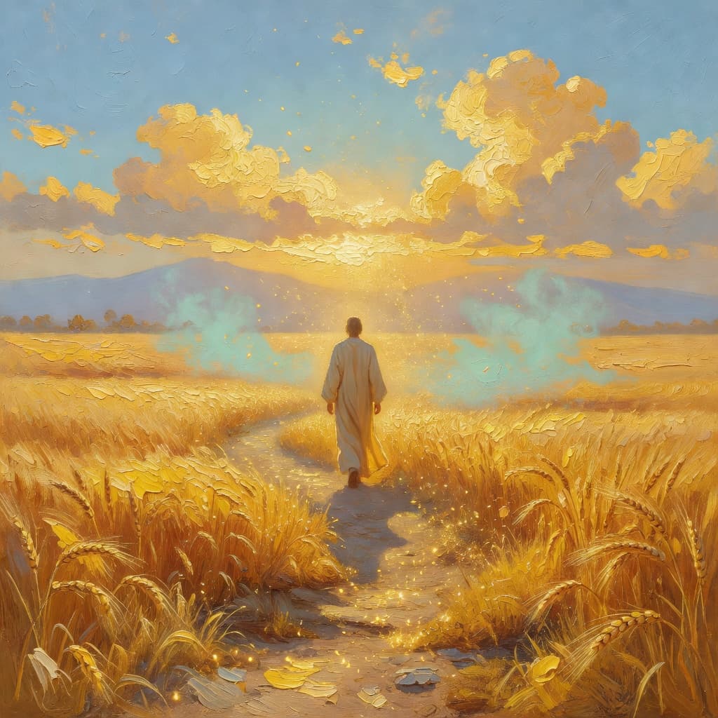 Impressionist oil painting of a serene celestial scene with open Bible and golden light, Sacred palette