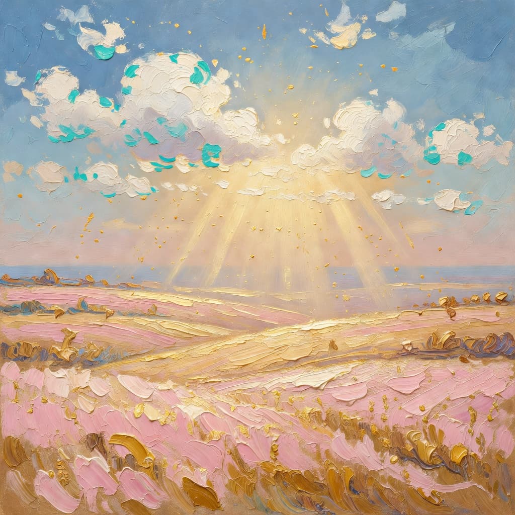 Pintura a óleo impressionista sobre O Que Significa Filipenses 2 com luz dourada e nuvens sagradas