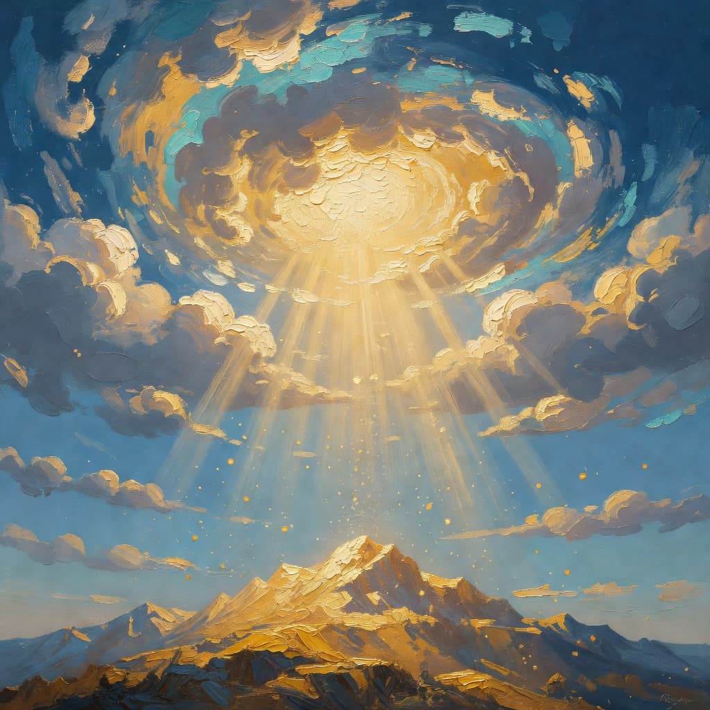 Impressionist oil painting of a serene celestial scene with open Bible and golden light, Sacred palette